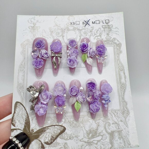 Purple Long Stiletto Press On Nails with Rhinestone 2D Flowers – Small Size - Picture 5 of 6